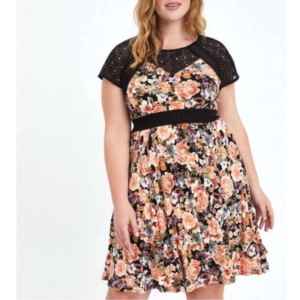 Torrid Black Floral Fit & Flare Dress with Lace Detail